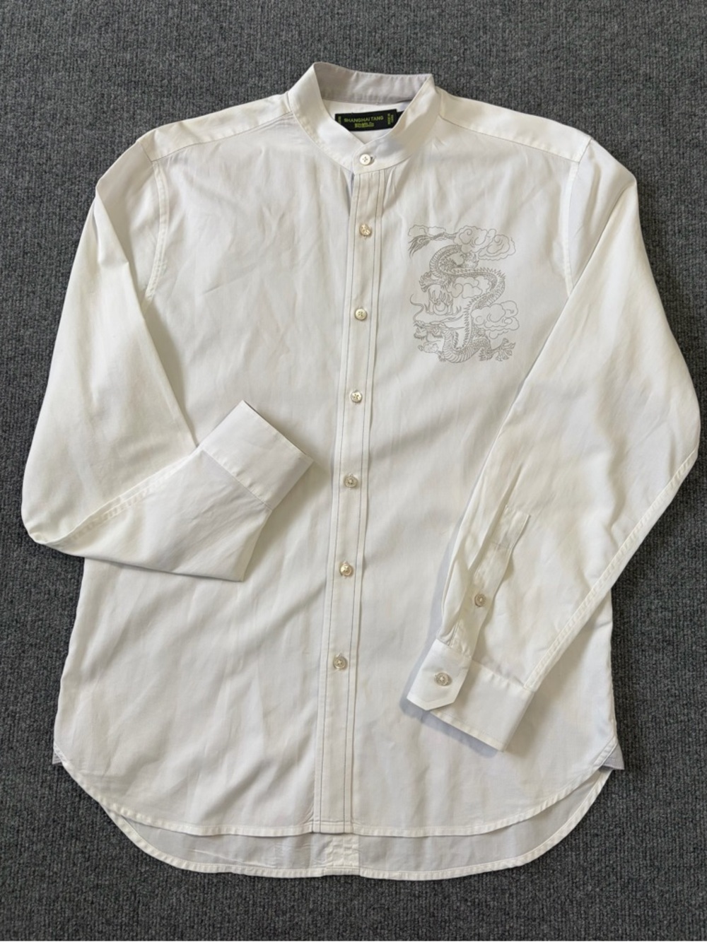 Shanghai Tang Shirt Men’s M White Mandarin Collar Dragon Print  100% Cotton